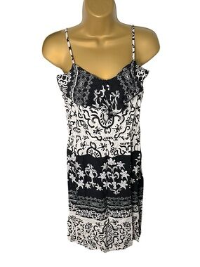 Y2K Mix & Co Lace Trim Casual Summer Dress Spaghetti Strap Paisley Black White S